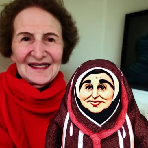 Image similar to portrait of a babushka with collectible miniature handmade john oliver doll