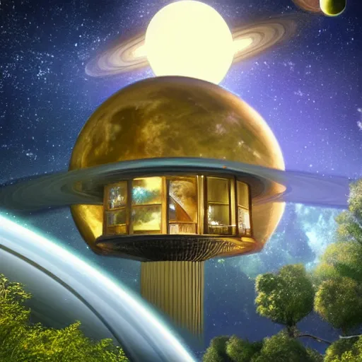 Image similar to fancy futuristic treehouse style mansion with smooth metal and domed roof, high with view of saturn rings and jupiter on space nebula galaxy background, detailed luminescent oil painting 4 k