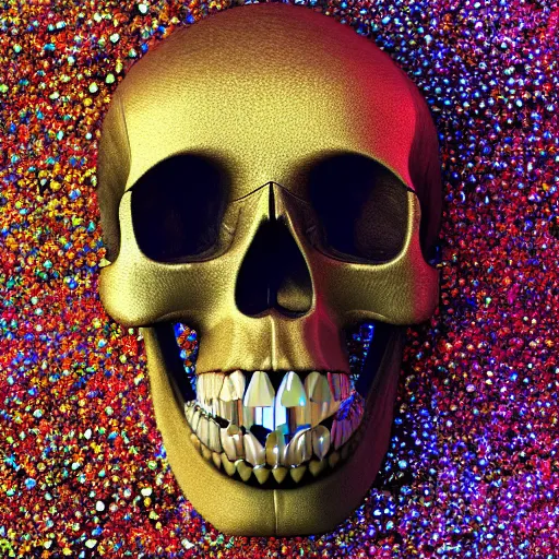 Prompt: portrait of a skull made of crystal with golden teeth, realistic, 4k, rainbow reflection
