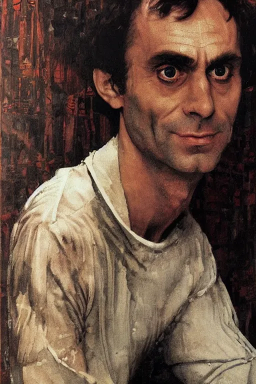 Prompt: a closer personal portrait of ted bundy with very piercing eyes, very charismatic. in the old ancient temple of luxor. masterpiece, dark. painted by norman rockwell and james gurney