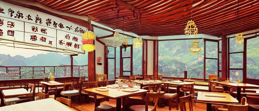 Image similar to a beautiful simple interior 4 k hd wallpaper illustration of small roasted string hotpot restaurant restaurant, from china, wallpaper with pagoda and mountain, fine simple delicate structure, chinese style, simple style structure decoration design, victo ngai, 4 k hd