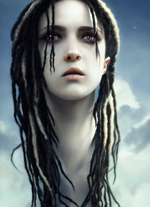 Image similar to girl with pale white skin and black dreadlocks, beautiful highly detailed face, complementary lighting, backlit, black eyeshadow, dark eyes, adventure, dramatic lighting, landscape background, beautiful painting by artgerm and greg rutkowski and raymond swanland