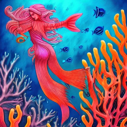 Prompt: coral underwater colorful, fantasy, intricate, highly detailed, little fish and sea life digital painting, hd, trending on artstation, illustration, fine lines, sharp edges, colourful, a reallistic attractive woman, swimming,