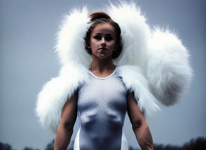 Image similar to realistic photo of the woman gymnast sports team white cotton fluffy bird white carnival costumes shorts, fluffy pigeon head face portrait, wood in autumn, grey dusk sky with black clouds 1 9 9 0, life magazine reportage photo,