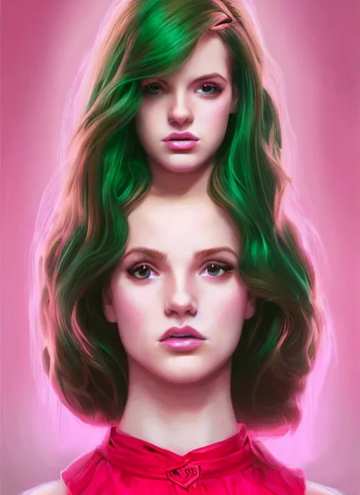 Image similar to full body portrait of teenage cheryl blossom, bangs, green eyes, sultry expression, red hair, sultry smirk, bangs and wavy hair, pink skirt, intricate, elegant, glowing lights, highly detailed, digital painting, artstation, concept art, smooth, sharp focus, illustration, art by wlop, mars ravelo and greg rutkowski