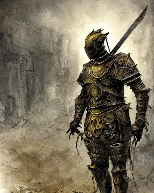 Image similar to a hyper realistic painting of a knight in armor made out of rotting metal, pale colors, fog, dark fantasy, cinematic lighting, nighttime, by rebecca guay