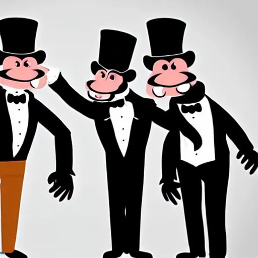 Prompt: 3 monkeys pointing their fingers at the camera. wearing top hats, laughing uncontrollably, hysterical laughter