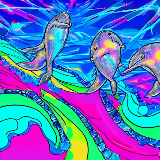 Prompt: dolphins jumping over a pile of crystal rocks in a lisa frank style, digital art