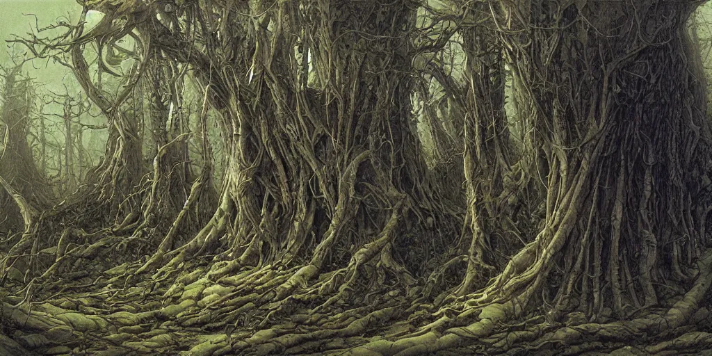 Image similar to artwork by john howe of the wretched thicket