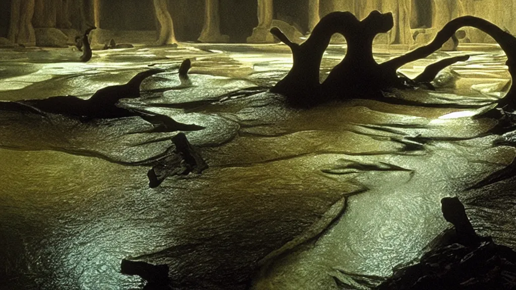 Prompt: water flows through the bank, water caustics, film still from the movie directed by denis villeneuve and david cronenberg with art direction by salvador dali and dr. seuss