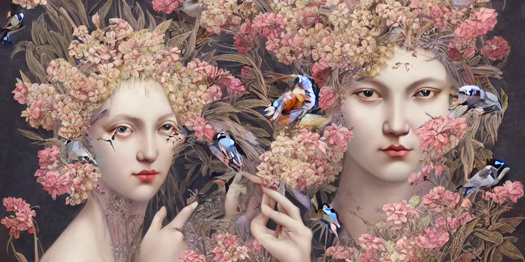 Image similar to breathtaking detailed concept art painting art deco pattern of blonde faces goddesses amalmation flowers with anxious piercing eyes and blend of flowers and birds, by hsiao - ron cheng and john james audubon, bizarre compositions, exquisite detail, extremely moody lighting, 8 k