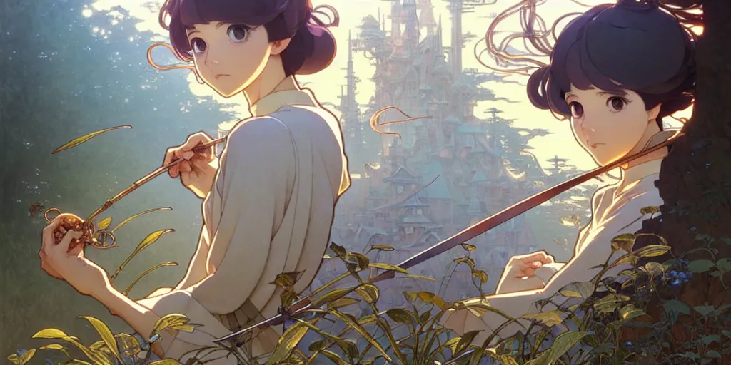 Image similar to twist your tiny lies into the spoon, spinning a web with your metallurgy. by hayao miyazaki and rossdraws and artgerm and greg rutkowski and alphonse mucha and studio ghibli. high quality, stunning, intricate detailed environment. 8 k