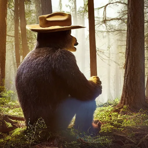 Prompt: UHD canndid photo of Smokey The Bear squatting on a commode in the woods, by Annie leibowitz, photorealisitc, extremely detailed