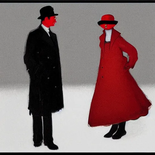 Prompt: a highly detailed epic cinematic concept art, a thin man in a black coat and bowler hat talks with girl who is dressed in a red coat and a red hat, Berlin park, autumn, 1923, in the style of in the style of Francis Bacon and Syd Mead and Norman Rockwell and Beksinski, painted by Francis Bacon and Edward Hopper, painted by James Gilleard, surrealism, airbrush, Ilya Kuvshinov, WLOP, Stanley Artgerm, very coherent, triadic color scheme, art by Takato Yamamoto and James Jean, high detail, width 768