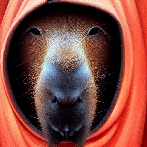 Image similar to a portrait of a capybara wearing a black hood, cloak covering face, anatomically correct, beautiful perfect face, enigmatic, oil painting, matte, black background, volumetric dynamic lighting, highly detailed, cinematic lighting, unreal engine, 8 k, hd, by beksinski