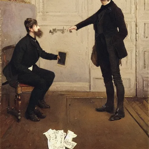 Image similar to young victorian man and woman solving an escape room riddle, painted by alfred stevens