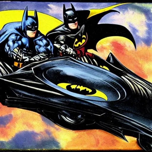 Image similar to batman and robin driving the batmobile, painted by el greco