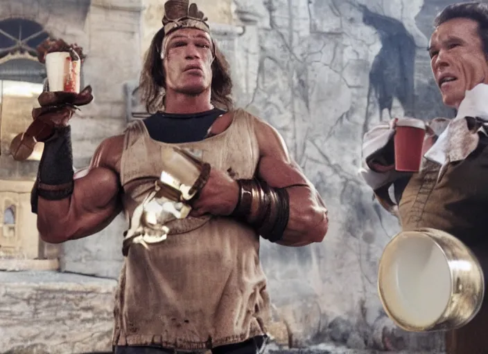 Image similar to film still of arnold schwarzenegger dressed as conan, holding coffee in starbucks, focus on faces, cinematic lighting, unreal engine, steve mccurry, volumetric lighting....