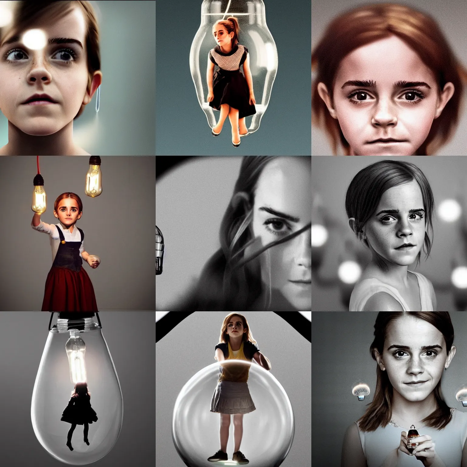 Prompt: a tiny emma watson trapped inside a light bulb