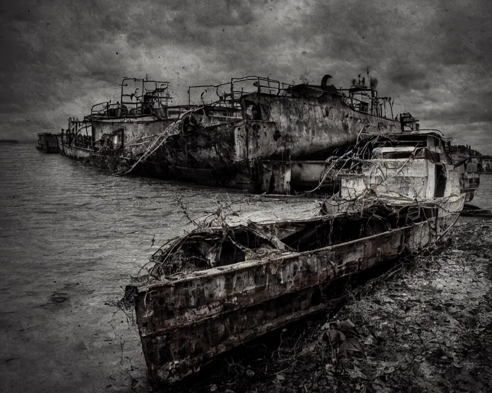 Image similar to a horror movie poster featuring a abandoned barge