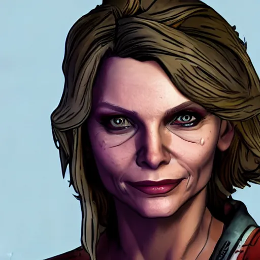 Image similar to michelle pfeiffer portrait, borderlands, tales from the borderlands, the wolf among us, comic, cinematic lighting, studio quality, 8 k