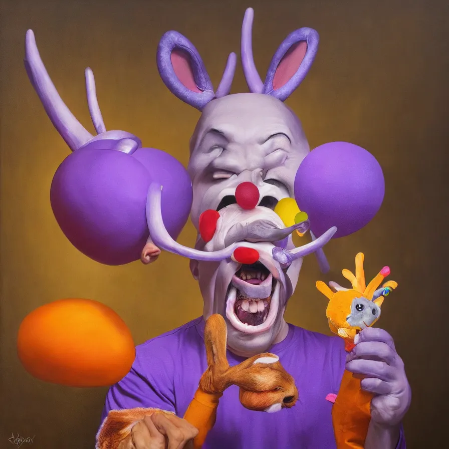 Image similar to rare hyper realistic portrait painting by raden wijaya, studio lighting, brightly lit purple room, a blue rubber ducky with antlers laughing at a giant laughing rabbit with a clown mask