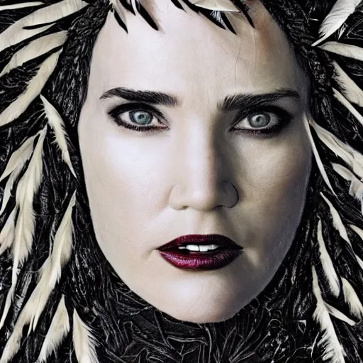 Image similar to jennifer connelly as odile the black swan, gray skin, wearing black hooded cloak, black feathers instead of hair, black feathers growing out of skin, bumpy skin, screaming, losing control, black feathers growing out of face, black hands with black claws, highly detailed, comic book, romantic, mike mignogna, david mack, trending on artstation