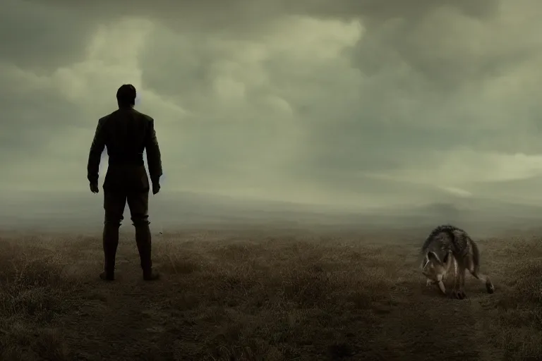Image similar to the back of a man, facing a angry wolf, stand - off, muted colors, 8 k, depth of field, cinematic, hyperrealistic, movie still frame, promotional image, imax 7 0 mm footage