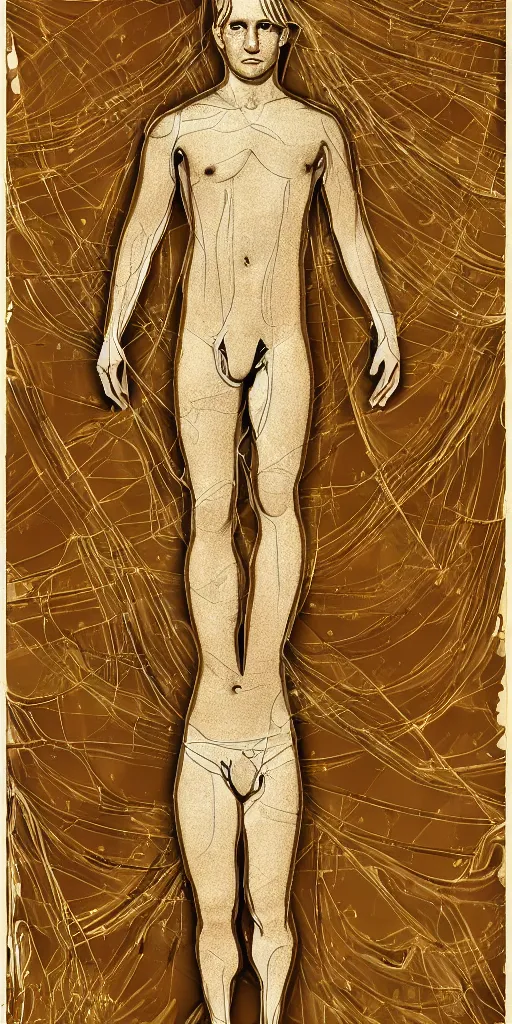 Prompt: whole undistorted human body with thin golden lines transparent crystals and _ textiles pinup _ poster _ of _ the _ pale _ blond _ androgynous soldier lucius _ by j c