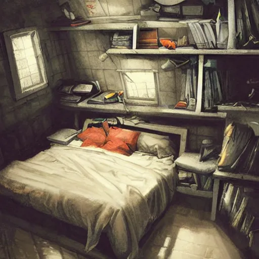 Prompt: detailed room in the sewer lair The room is a clean and delicate room ,over the bed there is a sword rack ,everything is neat ,stack of comics on the floor,soft,light,bright,epic,awesome,digital art, by Greg rutkowski and rossdraws