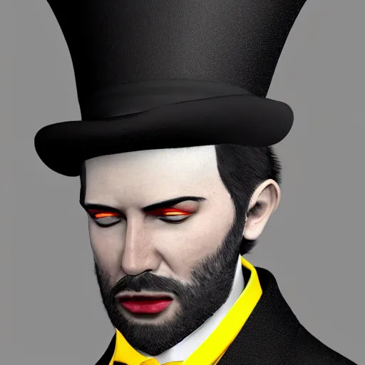 Image similar to a highly detailed portrait of a man in a high top hat covering his face, in a black tailcoat with a yellow waistcoat under the tailcoat, artstation, deviantart, professional, unreal engine 5, photorealistic