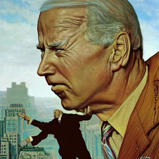 Image similar to portrait of immense, majestic, surreal, terrifying joe!!!! biden!!! crushing the city, perfectly clear face, by j. c. leyendecker, bosch, and beksinski