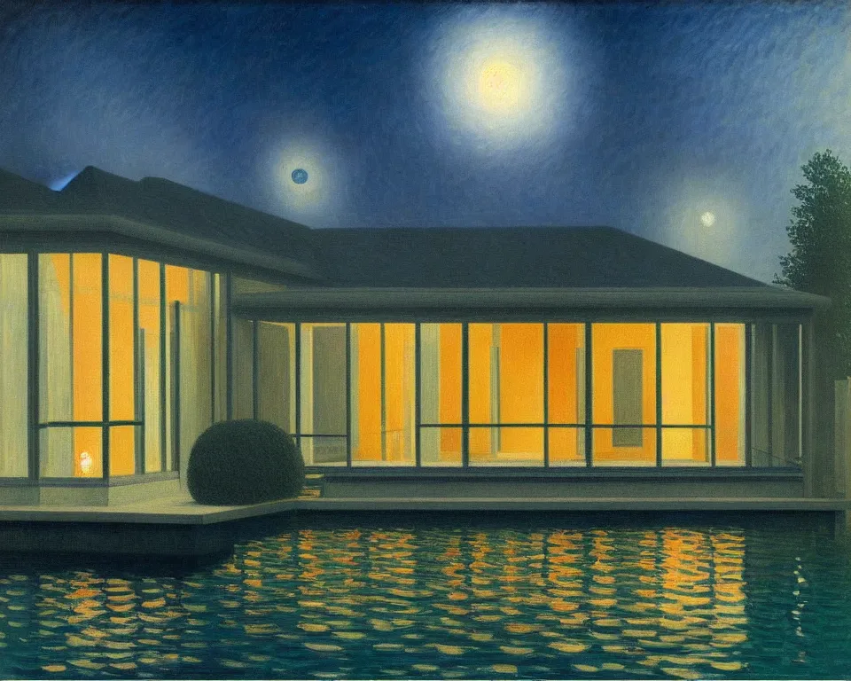 Image similar to achingly beautiful painting of a sophisticated, well - decorated, modern pool house at night by rene magritte, monet, and turner.