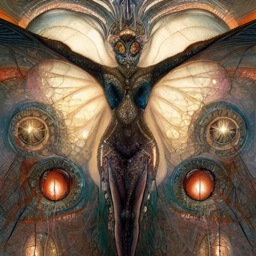 Prompt: beautiful closeup portrait of an art deco faerie queen, glowing eyes. reflective detailed textures, moth wings, highly detailed dark fantasy science fiction painting by tom bagshaw and diego rivera and annie swynnerton and jean delville, elaborate geometric ornament, ancient runes, silver and cool colors. artstation