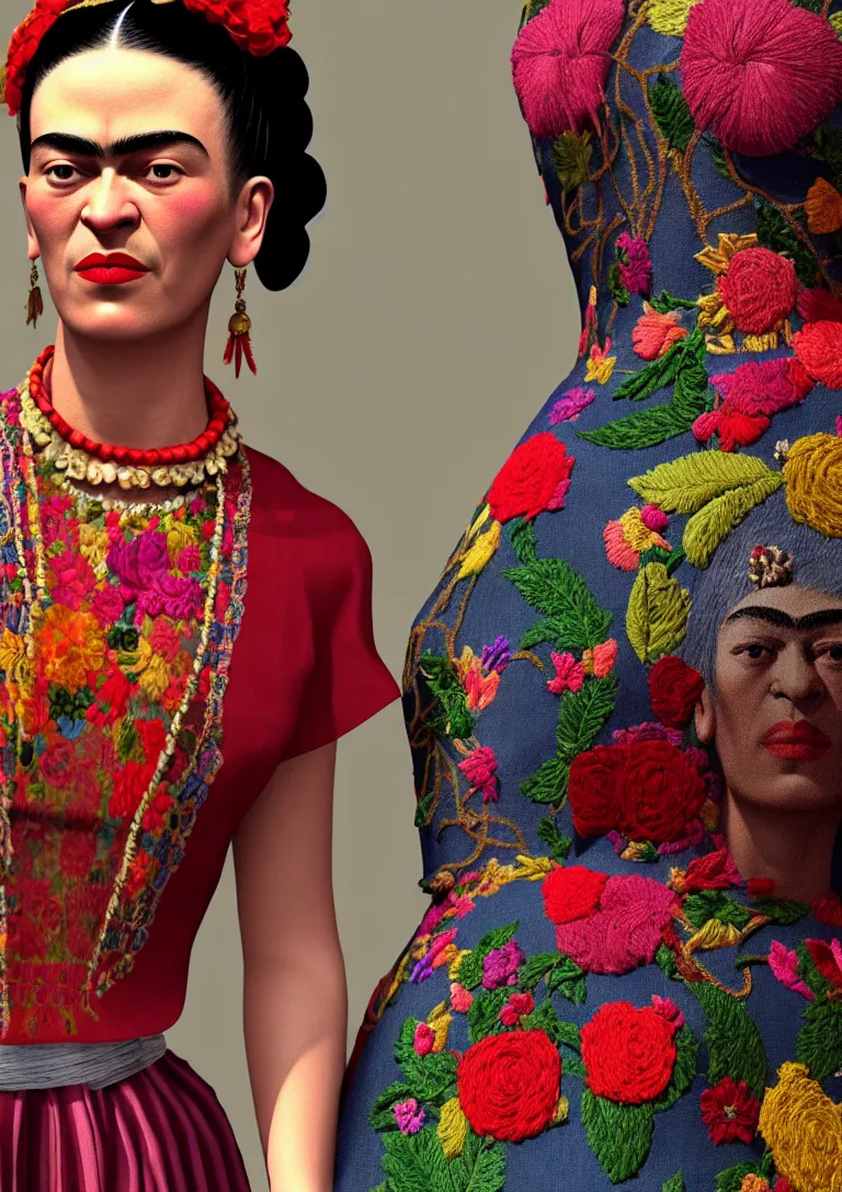 Image similar to frida kahlo cloths, high detailed intricate fashion clothing, cotton texture, silk colors, ultra realistic, octane render, volumetric lights, long, wide skirts, loose - fitting blouses, elaborate hairstyles, and intricate embroidery