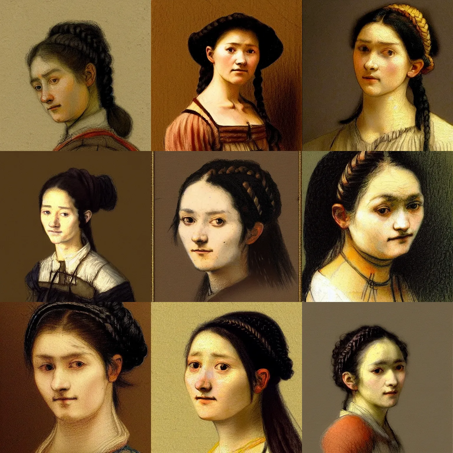 Prompt: a profil of sadly smiling black haired, young hungarian peasant woman from the 19th century who looks very similar to Lee Young Ae with a hair braid, detailed, pastelcolours, drawing by Rembrandt, da Vinci and Csók István