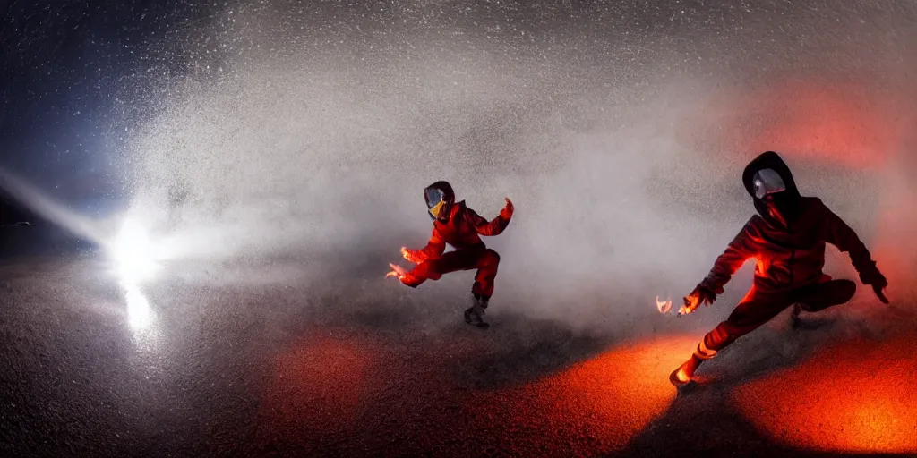 Image similar to fisheye slow motion with trail fire effect of futuristic break dancer wearing long dark cloak and golden helmet emitting fire, long exposure shot , enigmatic, at night in the middle of the arctic with red light A letter, paddle of water, steam, fog, water splashes, rim lights, glossy reflections, water droplets on lens, octane render, Volumetric dynamic lighting, stunning cover magazine, high details,