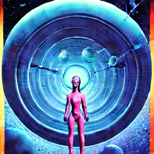 Image similar to futuristic | album cover | space station | astronaut woman | in the style of wayne barlowe