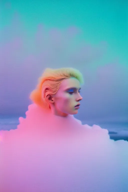 Image similar to high quality pastel coloured film close up wide angle photograph of a model wearing clothing swimming on cloud furniture in a icelandic black rock!! environment in a partially haze filled dreamstate world. three point light, rainbow. photographic production. art directed. pastel colours. volumetric clouds. pastel gradient overlay. waves glitch artefacts. extreme facial clarity. 8 k. filmic.