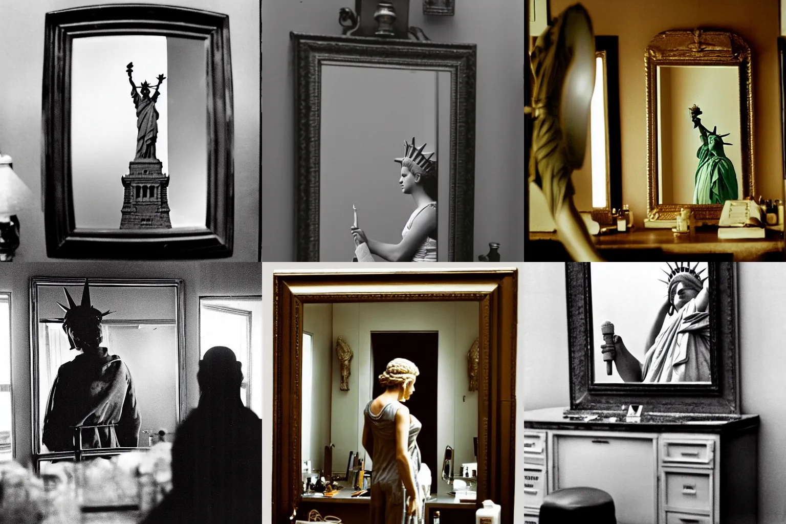 Prompt: The Statue of Liberty looking in a dressing room vanity mirror, photo by annie leibovitz