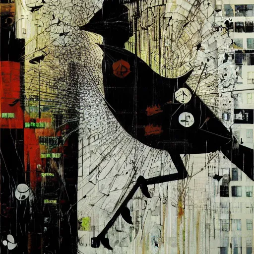 Image similar to a bird moving between urban informatics and computational social science, oil on canvas by dave mckean and yoji shinkawa