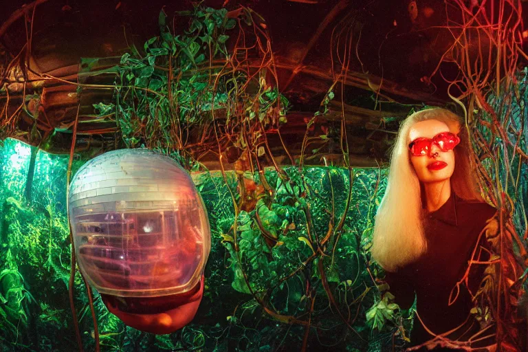 Prompt: closeup view of a mature female jellyfish human hybrid wearing discowear and visor shades, inside of an unlit 1950s luxury treehouse overflowing with vegetation with a soviet computer console and a single transparent wall that displays a scene of an NewYork subway station that is underwater, ektachrome photograph, volumetric lighting, 35mm f8 aperture