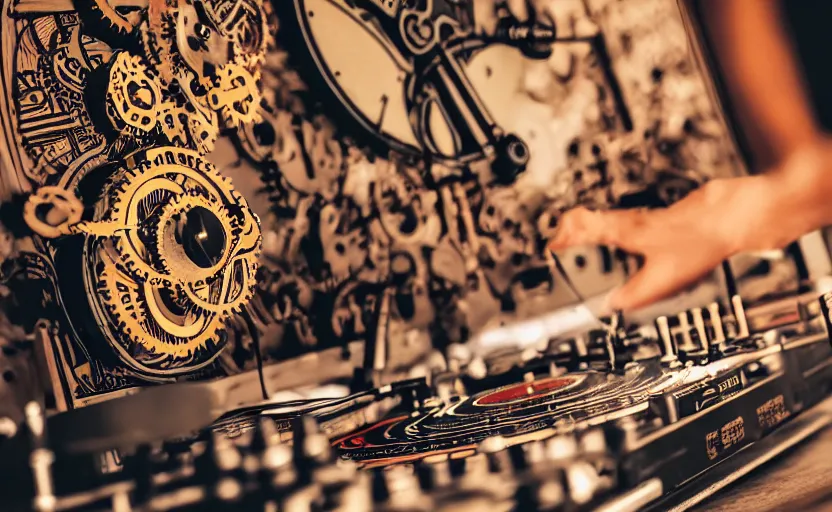 Image similar to a turntablist dj scratching on a retro steampunk clockwork mixing board and record player, intricate carved wood, planetary gears, complex contraption, person wearing old school headphones and visor, cinematix, imax, sharp focus, hyper detail