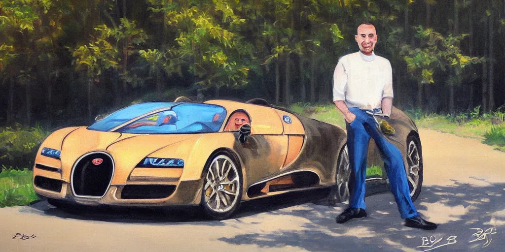 Image similar to a painting of andrew tate and his bugatti by bob ross