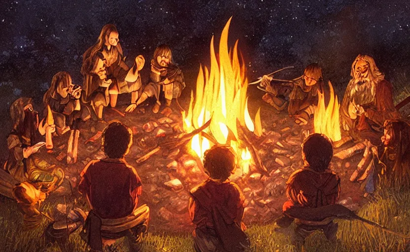 Prompt: childrens book illustration of the fellowship of the ring making s'mores around a campfire