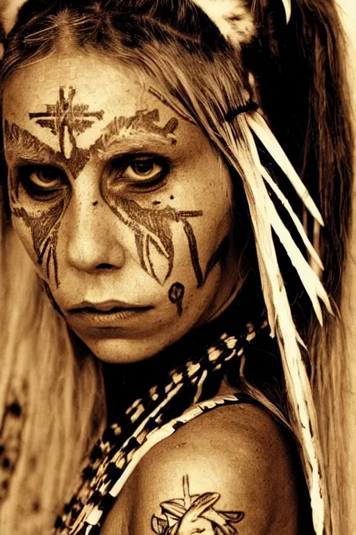 Image similar to Photo of Native American indian woman Yolandi Visser, portrait, skilled warrior of the Apache, ancient, realistic, detailed, Yolandi Visser