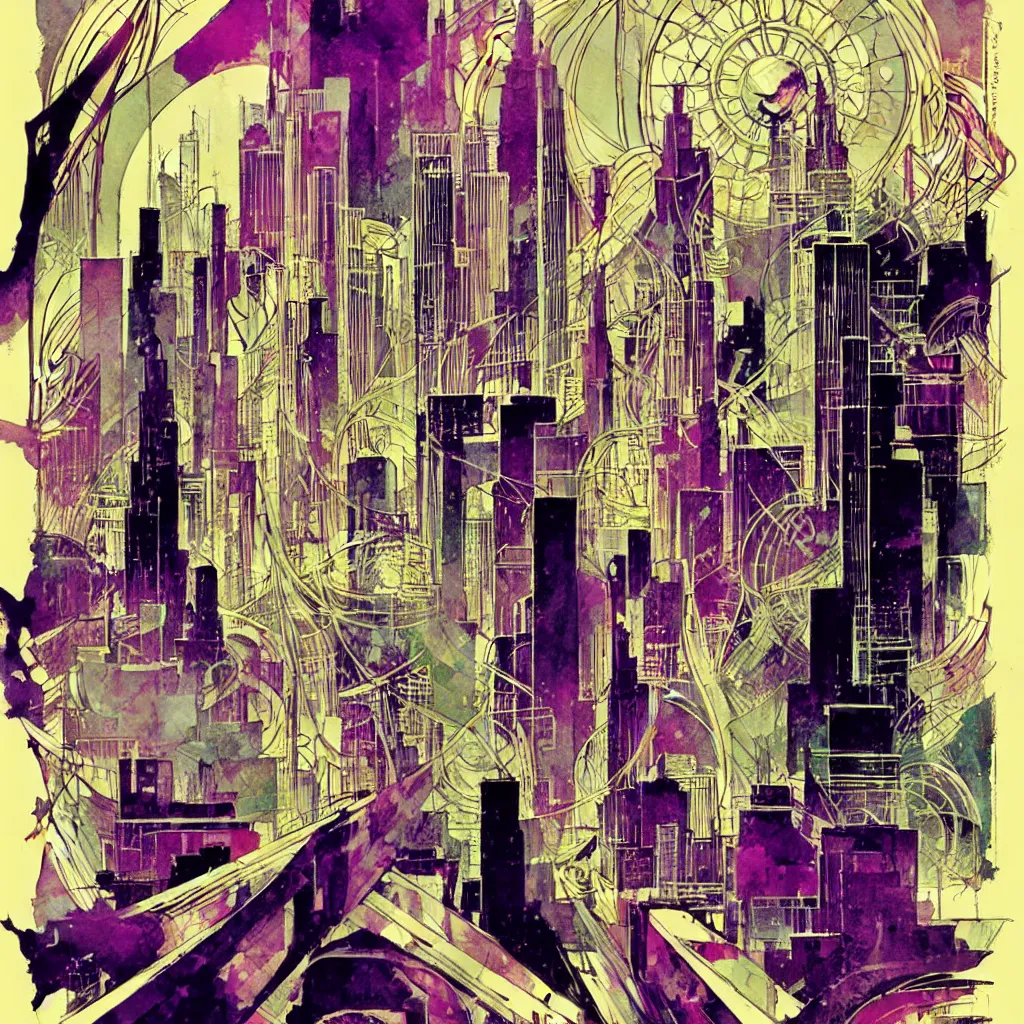 Image similar to bill sienkiewicz art nouveau city