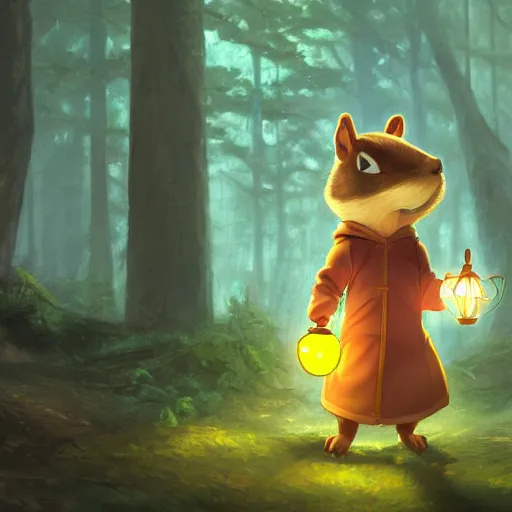 Image similar to concept art painting of an anthropomorphic anime chipmunk wearing a yellow cloak, holding a lantern, in the deep forest, realistic, detailed, cel shaded, in the style of makoto shinkai and greg rutkowski and james gurney