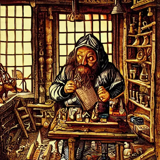 Prompt: a medieval scientist having a eureka moment in his cabin, dynamic, expressive, psychedelic, extreme detail, ornate, intricate, decorative, fantasy