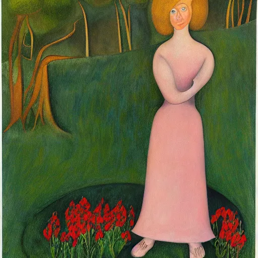 Prompt: moonstone earthy by boris grigoriev. a land art of a young girl with blonde hair, blue eyes, & a pink dress. she is standing in a meadow with flowers & trees.